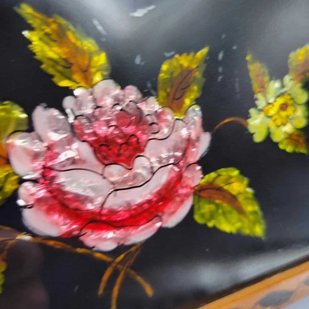 Vintage Handcrafted Box Glass Floral Reverse Painting Top Colorful Hinged